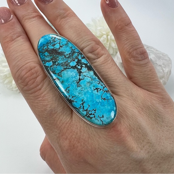 *SOLD* Long Chunky Turquoise Ring Size 11 New Sterling Silver 925 - Picture 2 of 10